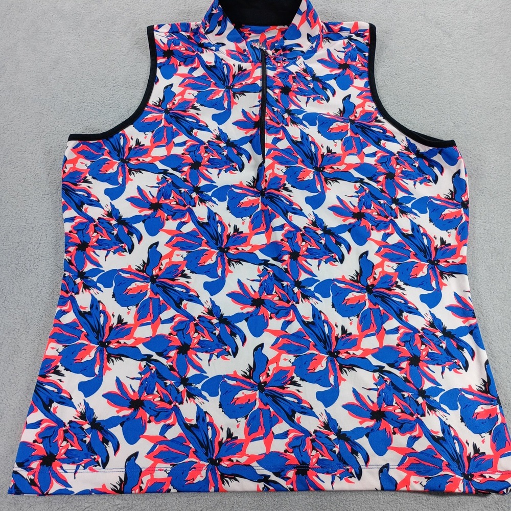Tail Womens White Label Floral Golf Top Blue Pink XL Quarter Zip Sleeveless